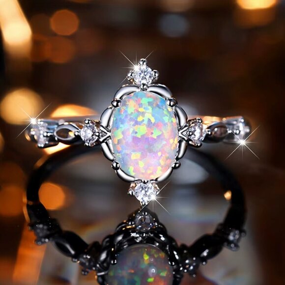 NEW 14k White Gold White Fire Opal Diamond Ring Band - Picture 3 of 6